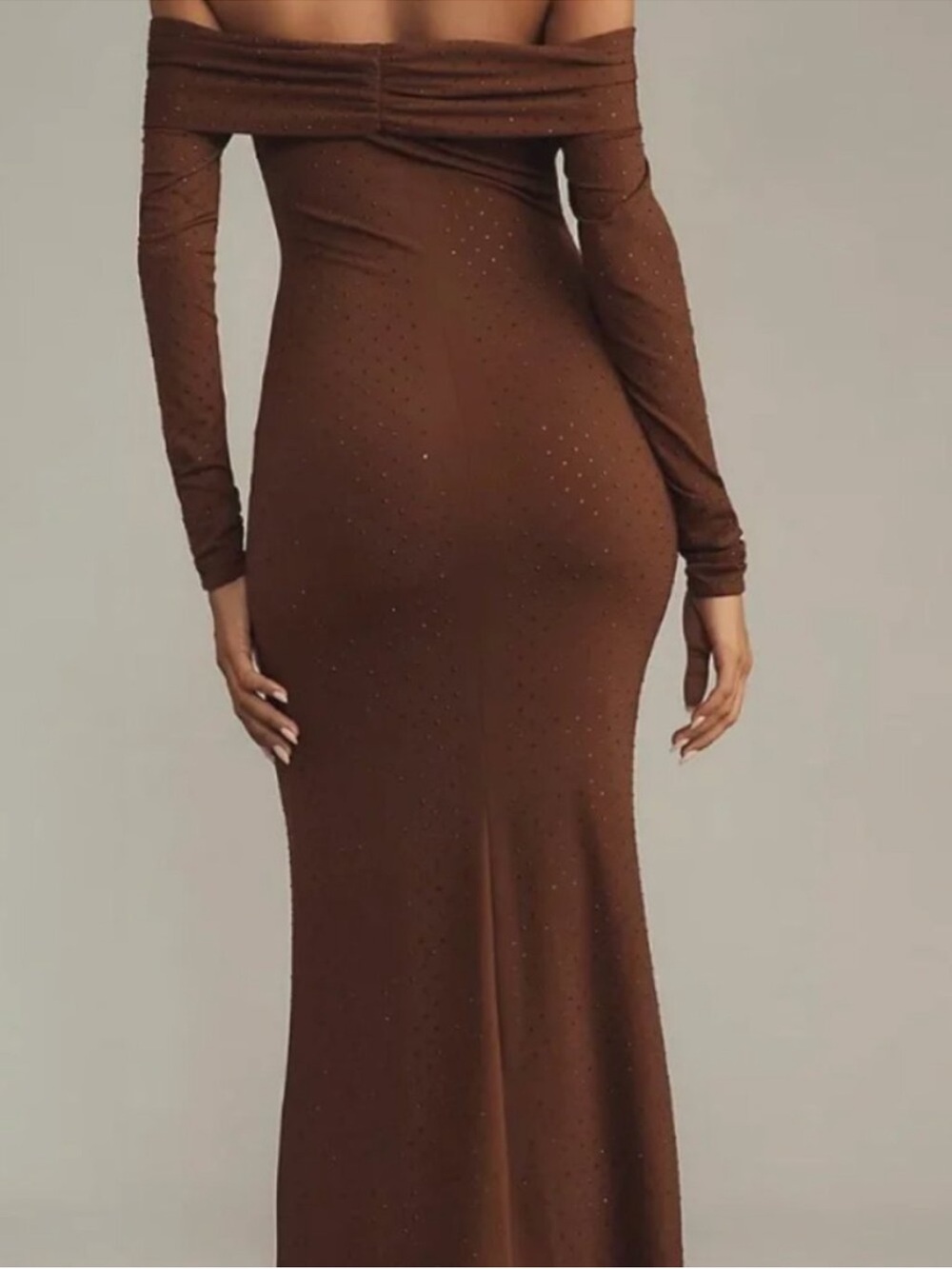 Bardot Brown Off-Shoulder Long Sleeve Gown